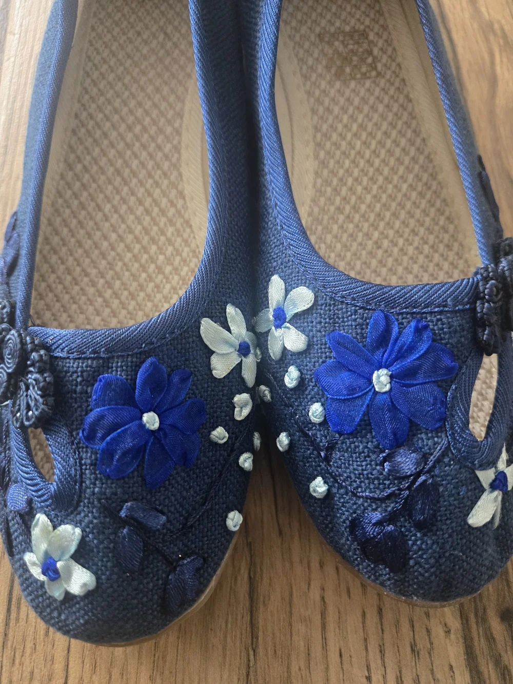 Navy Floral Embroidered Ballet Flats - Women